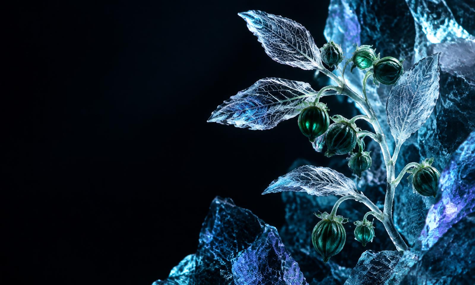 Frosted botanical branch among glacial ice